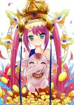  1girl ^_^ arm_up bare_shoulders closed_eyes elephant flower grin hat highres lakshmi_(p&amp;d) long_hair lotus pink_hair puzzle_&amp;_dragons silver_haha smile solo twintails 