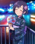  1girl ^_^ artist_request black_hair blurry bokeh closed_eyes depth_of_field fan flower hair_flower hair_ornament idolmaster idolmaster_cinderella_girls japanese_clothes kimono official_art paper_fan railing shiragiku_hotaru short_hair smile tagme uchiwa 