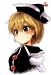  1girl black_dress blonde_hair bust dress harusame_(unmei_no_ikasumi) hat juliet_sleeves long_sleeves lunasa_prismriver puffy_sleeves shirt simple_background solo touhou white_background yellow_eyes 