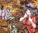  1boy 1girl arm_holding autumn_leaves blouse breasts commentary_request faceless faceless_male grey_eyes hands_on_own_face hat highres inset japanese_clothes kimono lavender_hair leaf maple_leaf miyako_yoshika miyako_yoshika_(living) multicolored_background ofuda ofuda_removed parted_lips short_hair skirt star tears touhou violet_eyes wink ys_(ytoskyoku-57) 