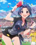  3girls :d ahoge blue_hair breasts cleavage confetti idolmaster idolmaster_million_live! lens_flare miura_azusa multiple_girls official_art open_mouth red_card red_eyes referee short_hair shorts smile soccer soccer_field soccer_jersey soccer_uniform whistle 