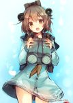  1girl backpack bag binoculars brown_eyes brown_hair dress kantai_collection looking_at_viewer makura-ko_(nacoll) neckerchief open_mouth personification short_hair solo tears white_dress yukikaze_(kantai_collection) 