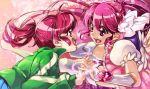  2-nd 2girls aino_megumi cure_lovely dual_persona earrings eye_contact hair_ornament happinesscharge_precure! heart_hair_ornament holding_hands jacket jewelry long_hair looking_at_another magical_girl multiple_girls pink_background pink_eyes pink_hair pink_skirt ponytail precure puffy_sleeves short_hair skirt smile thighhighs white_legwear wrist_cuffs 