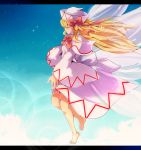  1girl absurdres baba_(pixiv3422465) barefoot blonde_hair bow capelet closed_eyes dress fairy_wings hat hat_bow highres letterboxed lily_white long_sleeves pink_dress sash solo sparkle tears touhou wide_sleeves wings 