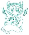  1girl astaroth_(p&amp;d) bust chisa hairband horns looking_at_viewer monochrome open_mouth pentagram puzzle_&amp;_dragons short_hair sleeves_past_wrists smile solo wings 