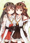  2girls bare_shoulders black_hair blush breasts brown_eyes brown_hair detached_sleeves double_bun hair_ornament hairband haruna_(kantai_collection) headgear highres japanese_clothes kantai_collection kongou_(kantai_collection) long_hair multiple_girls nontraditional_miko open_mouth personification skirt smile thighhighs zuoweisaib 