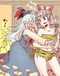  2girls ? blue_hair bow closed_eyes club dress fang fujiwara_no_mokou hair_bow hat horns kamishirasawa_keine kanabou komaku_juushoku long_hair multiple_girls oni oni_horns red_eyes ribbon silver_hair tiger_print touhou weapon 