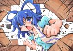  1girl aqua_dress blue_eyes blue_hair dress hair_ornament hair_rings hair_stick hole kaku_seiga open_mouth open_vest puffy_sleeves punching shinapuu short_sleeves solo touhou wall you&#039;re_doing_it_wrong 