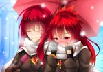  2girls blush closed_eyes couple covering_face elesis elsword fi-san interview long_hair microphone multiple_girls red_eyes redhead scarf snow snowing umbrella winter_clothes 