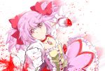  1girl blood blood_splatter bloody_hands bow clenched_hand gloves hair_bow kaname_madoka looking_at_viewer magical_girl mahou_shoujo_madoka_magica pink_eyes pink_hair punching s040784 short_hair short_twintails solo twintails 