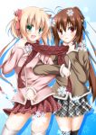  2girls blonde_hair brown_hair green_eyes kamikita_komari little_busters!! long_hair multiple_girls narukami_ginryuu natsume_rin plaid plaid_skirt ponytail red_eyes ribbon scarf shared_scarf short_hair skirt snowflakes thighhighs twintails 