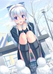  1girl blush boots bow earmuffs flower hair_bow hair_flower hair_ornament hairband long_hair miyai_max open_mouth original panties pantyshot scarf skirt slide snow snowman solo squatting underwear violet_eyes white_hair 