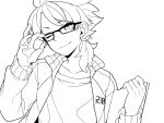  1boy bespectacled clipboard collarbone fudou_akio glasses inazuma_eleven_(series) inazuma_eleven_go inazuma_eleven_go_galaxy jacket lineart long_hair looking_at_viewer male monochrome older open_clothes open_jacket saku_anna simple_background solo transparent_background wink work_in_progress 