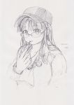  1girl blush breasts dated fat glasses hat huge_breasts jewelry kobayakawa_horan long_hair monochrome mouth_hold necklace nekokami original plump pocky sketch solo 
