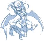  1girl arms_behind_head bat_wings full_body looking_away lowres messier_number monochrome oni_musume_(yume_2kki) red_eyes simple_background sketch solo spot_color twintails wings yume_2kki 