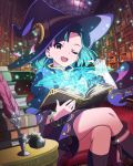  1girl ;d blue_hair book bookshelf bracelet crossed_legs hat idolmaster idolmaster_million_live! inkwell jewelry looking_at_viewer magic magic_circle nanao_yuriko official_art open_mouth quill sitting skirt smile sparkle wink witch_hat yellow_eyes 