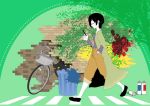  androgynous bicycle black_hair brick_wall cat cellphone closed_eyes coat crosswalk hand_in_pocket inui_yamato multitasking original phone shoes short_hair smartphone solo spray_can trash_can walking wall 