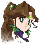  1girl aterumichino bishoujo_senshi_sailor_moon bishoujo_senshi_sailor_moon_another_story brown_hair earrings expressionless face facial_mark green_eyes jewelry long_hair marduk_(sailor_moon) ponytail solo tattoo tiara 