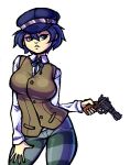  1girl blue_eyes blue_hair breasts cabbie_hat contrapposto gun hat large_breasts persona persona_4 pistol pyorno revolver shirogane_naoto short_hair solo source_request striped striped_pants vest weapon 