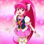  1girl aino_megumi boots cure_lovely earrings eyelashes hair_ornament happinesscharge_precure! happy heart heart_hair_ornament highres jewelry long_hair looking_at_viewer magical_girl mont_blanc_(heartcatch_ayaya) open_mouth pink pink_background pink_eyes pink_hair pink_skirt ponytail precure puffy_sleeves ribbon shirt skirt smile solo thigh_boots thighhighs white_legwear wrist_cuffs 
