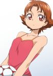  1girl ball brown_hair eyelashes football gradient gradient_background grey_background looking_at_viewer manji_(tenketsu) natsuki_rin precure red_eyes shirt short_hair sketch solo white_background yes!_precure_5 yes!_precure_5_gogo! 