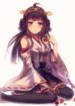  1girl ahoge bare_shoulders brown_hair cherry detached_sleeves double_bun food fruit hair_ornament hairband highres japanese_clothes kantai_collection kongou_(kantai_collection) long_hair magicpants nontraditional_miko personification sitting skirt solo thighhighs wariza white_background 