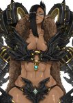  1girl abs blue_eyes breasts dark_skin earrings fur_coat hair_over_one_eye highres jewelry long_hair looking_at_viewer madarame o-ring_top original parted_lips pointy_ears skindentation solo 