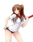  1girl baton brown_eyes brown_hair buruma chuunibyou_demo_koi_ga_shitai! gogatsu_no_renkyuu gym_uniform hair_ornament hairclip long_hair nibutani_shinka side_ponytail solo white_background 