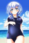  1girl beach blue_eyes blue_hair braid girlfriend_(kari) highres long_hair murakami_fumio school_swimsuit shiro_kuma_shake swimsuit twin_braids 