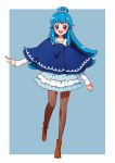  1girl alternate_hairstyle blue_dress blue_eyes blue_hair blush boots brown_legwear cure_princess dress eyelashes fashion hair_ornament hair_ribbon happinesscharge_precure! happy kagami_chihiro long_hair looking_at_viewer open_mouth poncho precure ribbon smile solo standing 