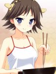  1girl :q blue_hair brown_hair chopsticks frying_pan hairband hiei_(kantai_collection) icetiina kantai_collection looking_at_viewer personification short_hair solo tongue 