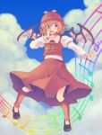  1girl anarogumaaa animal_ears blue_sky blush clouds hand_to_own_mouth hat highres leg_warmers musical_note mystia_lorelei open_mouth red_eyes redhead revision short_hair sky solo touhou wings 