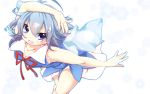  1girl blue_eyes blue_hair cirno collarbone fang haruyonoto highres ice ice_wings snowflakes solo touhou wings 