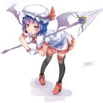  1girl adapted_costume ascot bat_wings bent_over black_legwear blue_hair dress gloves hat hat_ribbon highres mob_cap myero polearm red_string redhead remilia_scarlet ribbon signature solo spear string thighhighs touhou weapon white_dress white_gloves wings zettai_ryouiki 