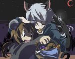  2boys animal_ears basket blue_eyes brown_eyes brown_hair cat_ears character_request cookie crescent debris_(game) food halloween hand_on_head height_difference kuyako male moon mouse_ears mouse_tail multiple_boys red_moon silver_hair tail tatsuki_(debris) 