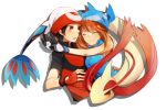  1boy 1girl bandana bare_shoulders black_hair blush brown_eyes brown_hair closed_eyes fingerless_gloves glomp gloves headband hug jacket milotic odamaki_sapphire open_mouth outstretched_arms pokemon pokemon_(creature) pokemon_special ruby_(pokemon) short_sleeves shyh_yue smile surprised twintails 
