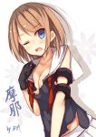  1girl blue_eyes blush breasts brown_hair gloves kantai_collection maya_(kantai_collection) nagomi_no_ame open_mouth personification school_uniform serafuku short_hair skirt solo torn_clothes translation_request wince 