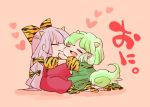  2girls baby bow closed_eyes ex-keine fujiwara_no_mokou green_hair hair_bow heart horns hug kamishirasawa_keine komaku_juushoku long_hair multiple_girls oni ribbon short_hair silver_hair smile tail tiger_print touhou younger 