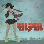  1girl black_hair blue_eyes copyright_name kill_la_kill matoi_ryuuko multicolored_hair school_uniform scissor_blade senketsu serafuku short_hair skirt sword two-tone_hair weapon yamamoto_yuu 