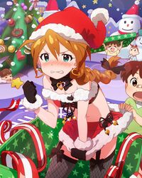  2girls angry aqua_eyes baba_konomi blush braid brown_hair child christmas clenched_teeth d: earrings fishnet_legwear fishnets fur_trim garter_straps gloves hat idolmaster idolmaster_million_live! jewelry multiple_girls musical_note official_art open_mouth santa_costume santa_hat snowman thighhighs wavy_mouth 