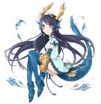  1girl black_hair blue_eyes blue_legwear chinese_clothes dragon_tail gloves head_fins horns hsiao karin_(p&amp;d) long_hair puzzle_&amp;_dragons solo tail thighhighs water 