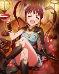  1girl armor artist_request boots brown_hair cloak closed_eyes idolmaster idolmaster_million_live! laughing long_hair matsuda_arisa official_art sake solo twintails 