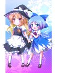  2girls :&lt; apron blonde_hair blue_eyes blue_hair blush bow cirno dress flower gradient gradient_background hair_bow hat hat_ribbon high_collar ice ice_wings kirisame_marisa kneehighs long_hair looking_at_viewer mary_janes multiple_girls open_mouth puffy_short_sleeves puffy_sleeves ribbon shoes short_hair short_sleeves skirt skirt_set takojiru touhou waist_apron wings witch_hat yellow_eyes 