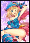  1girl bare_shoulders blonde_hair blush breasts dark_magician_girl duel_monster green_eyes hat highres long_hair open_mouth pentacle smile solo staff star wink wizard_hat yuu-gi-ou yuu-gi-ou_duel_monsters 