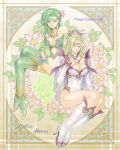 2girls blonde_hair blue_eyes boots breasts bridal_gauntlets character_name circlet cleavage copyright_name detached_collar detached_sleeves elbow_gloves final_fantasy final_fantasy_iv flower gloves green_eyes green_hair hair_ornament hair_up high_heels highleg knee_boots kneehighs long_hair multiple_girls rosa_farrell rydia shoulder_pads smile star takeda_yuuko thighhighs thighs 