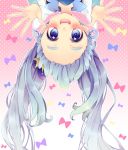  1girl blue_eyes blue_hair crown cure_princess face gradient gradient_background happinesscharge_precure! long_hair magical_girl mini_crown payot pink_background polka_dot polka_dot_background precure shirayuki_hime smile solo twintails upside-down uzuki_aki white_background 