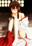  1girl akagi_(kantai_collection) armor blush brown_eyes brown_hair fundoshi gloves japanese_clothes kama_iruka kantai_collection long_hair looking_at_viewer muneate off_shoulder partially_undressed personification sitting smile solo thighhighs white_legwear 