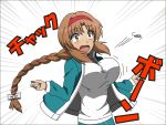  1girl braid breasts brown_eyes brown_hair d-frag! hairband large_breasts single_braid solo takao_(d-frag!) todo_(masa3373) track_jacket very_long_hair zipper 