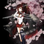  1girl aa_gun ammunition anchor black_legwear blush breasts brown_eyes brown_hair cannon cherry_blossoms detached_sleeves flower hair_flower hair_ornament highres kantai_collection long_hair paper personification ponytail radar single_thighhigh skirt smile solo thighhighs turret very_long_hair yamato_(kantai_collection) 