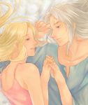  1boy 1girl bare_shoulders blonde_hair blue_eyes cecil_harvey couple final_fantasy final_fantasy_iv holding_hands jewelry long_hair looking_at_another lying ring rosa_farrell rurikarakusa silver_hair smile tank_top 